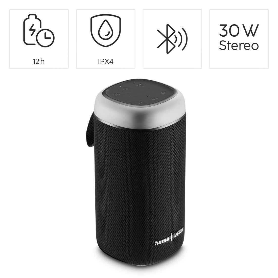 Hama Altavoz Bluetooth 30W, Resistente al Agua IPX4, Efectos de luz LED, 12 Horas de duración de la batería, Caja de música Bluetooth, Negro