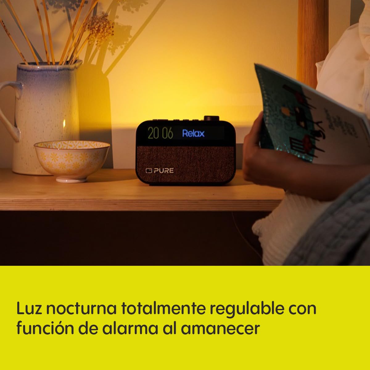 Pure Radio Reloj, luz de Despertador, Altavoz BT, Negro, Cargador inalámbrico