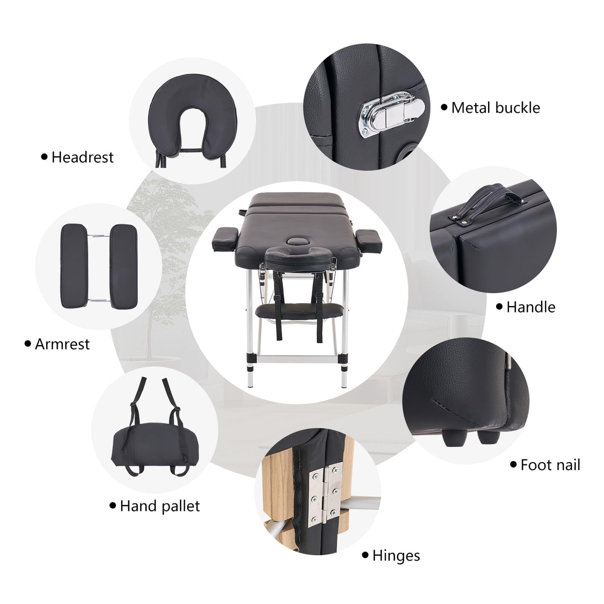 YOUNIKE Camilla de Masaje Móvil Plegable Negro y Ajustable en Altura Cama de Masaje de 3 Zonas Camilla de Estética Amplia Cama de Terapia Aluminio 186 x 60 cm