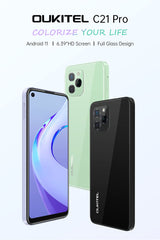 OUKITEL C21 Pro Telemóvel Livre 11, Design de vidro Completo, 4 GB 64 GB, 256 GB SD Externa, câmara tripla 21 MP, Dual SIM, ecrã HD 6,39 polegadas, impressão Digital, identificação fácil Verde