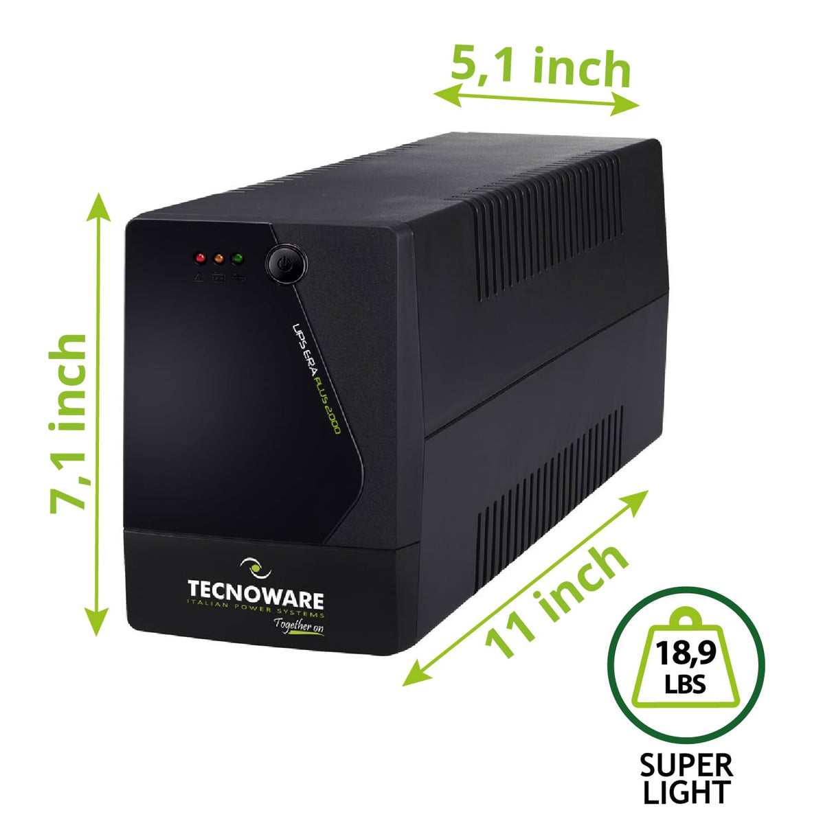 Tecnoware SAI Era Plus 2000 - Sistemas de Alimentación Ininterrumpida - 6 salidas IEC - Autonomía: 30 min/PC o 150 min/Módem Router - Potencia 2000 VA