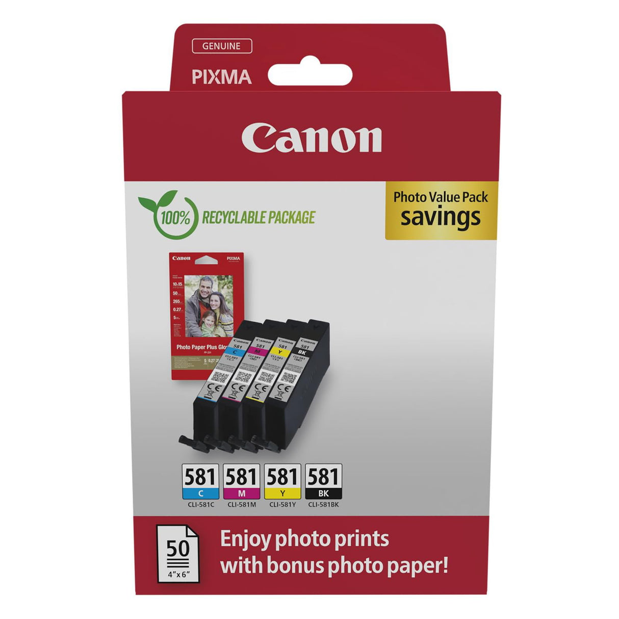 Canon Tinta y Papel - CLI-581 - Pack 4 Cartuchos Originales (x 1 Negro, x 1 Cian, x 1 Magenta, x 1 Amarillo) + Papel fotográfico 10 x 15cm (50 Hojas)