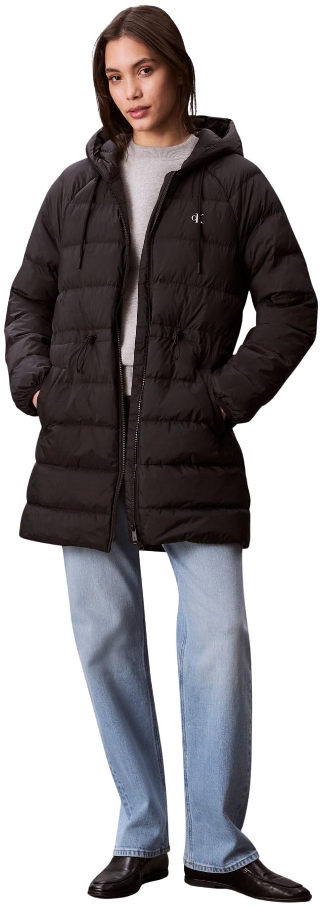 Calvin Klein Abrigo de plumas Mujer Lightweight Logo Mid Length con capucha, Negro (Black), S
