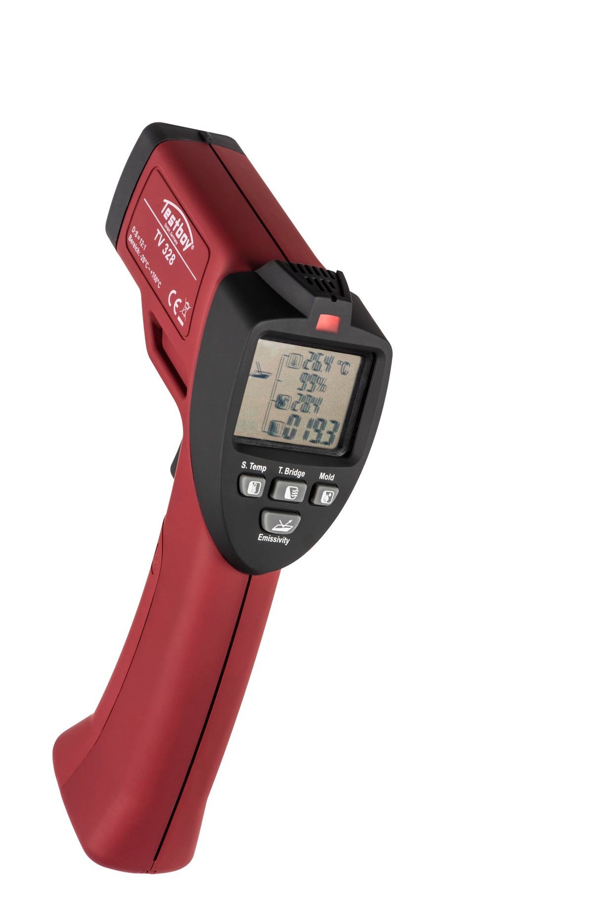 Testboy TV 328 detector de moho, dispositivo de determinación del punto de rocío (medición de la humedad relativa, anillo láser, emisividad ajustable, indicador del punto de rocío), rojo/negro