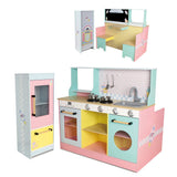 DEQUBE -Cocina Restaurante de Madera 4 módulos 2 en 1 con luz y Sonido -con Todo lo Necesario de una Cocina y de un Restaurante con Asientos y Mesa -con Accesorios metálicos - 90X81X82 cm (913D00015)