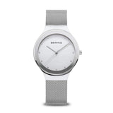 BERING 12934-000 Reloj de cuarzo para mujer con caja de acero inoxidable plateado de 34 mm y esfera plateada, correa milanesa, cristal de zafiro y resistencia al agua de 3 ATM