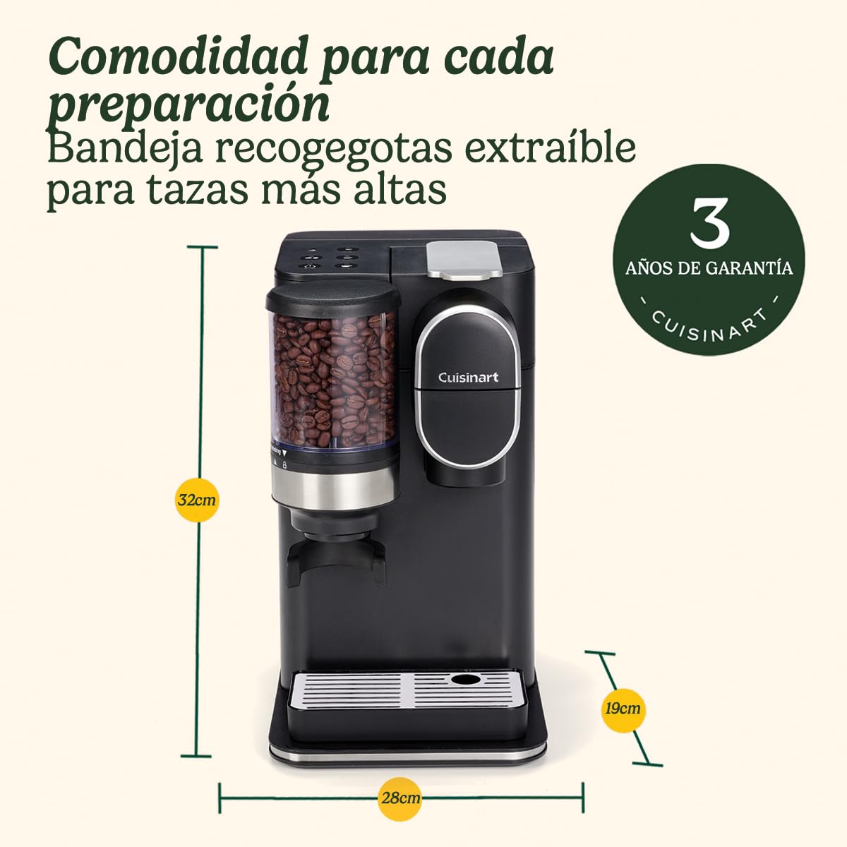 Cuisinart Cafetera One Cup Grind And Brew | Café en grano en taza, monodosis | Molinillo cónico | Ajuste la intensidad del café, 3 tamaños de taza a elegir | Cápsula de filtro reutilizable | Negra