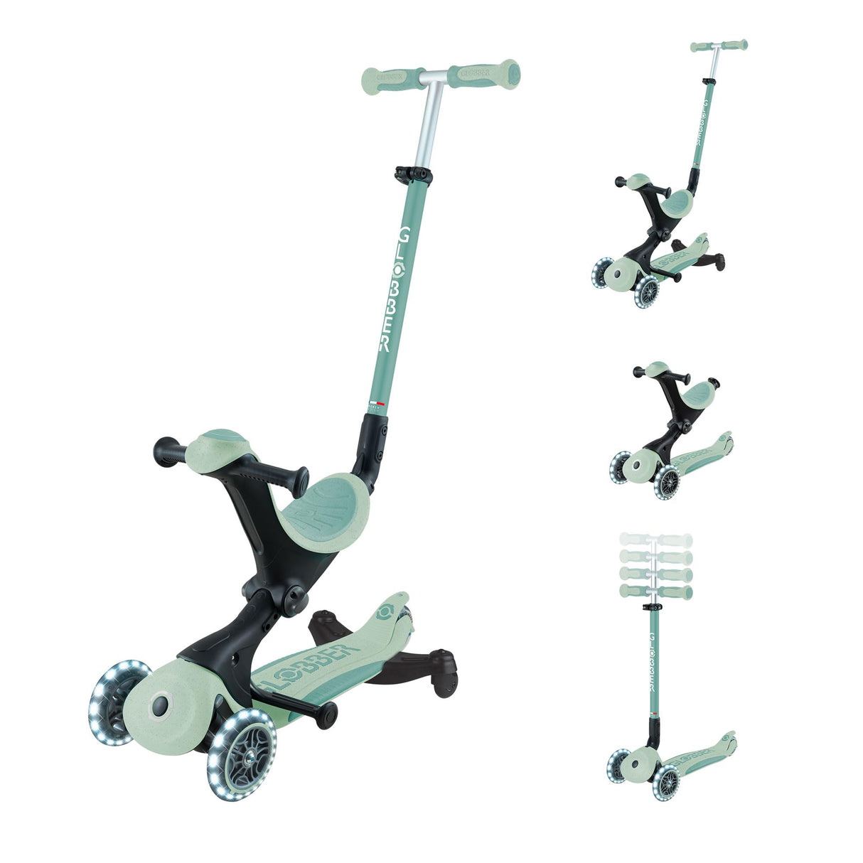 Globber - GO•UP Deluxe Lights Eco 360 - Patinete evolutivo de 3 Ruedas con Asiento Giratorio 360°, reposapiés, Luces LED y Materiales sostenibles, de 15 Meses a 6 años - Verde Pistacho