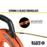 Klein Tools 56351 - Cinta pasacables eléctricos no conductora, extractor de alambre de fibra de vidrio con guía de acero, caja optimizada, 30,5 m x 0,5 cm