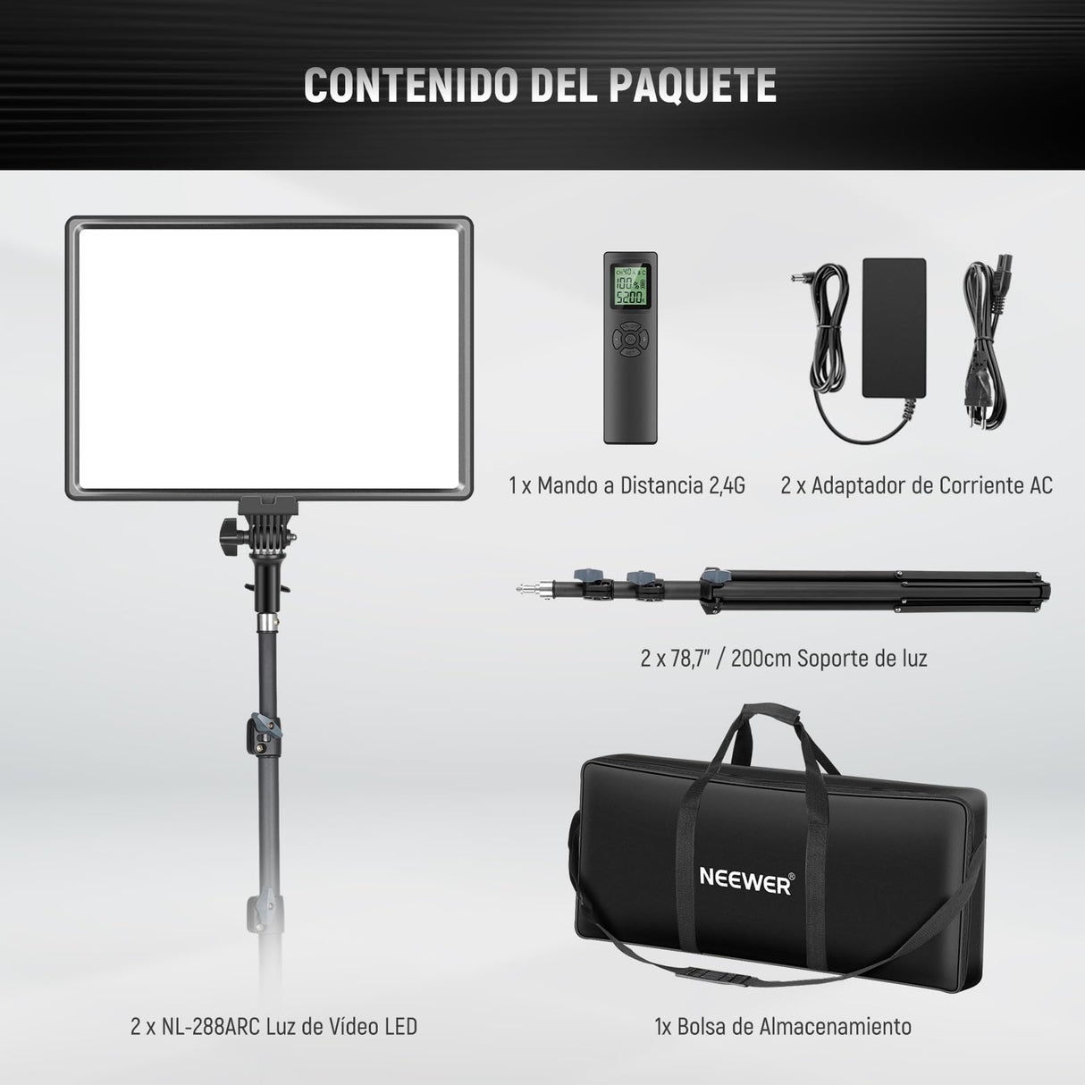 NEEWER Kit de Iluminación de Panel de Luz Video LED de 18" con Control Remoto, 2-Pack 45W Regulable Bicolor + Soporte Luz, 3200-5600K,CRI 97+ 4800Lux para Juego/Transmisión en Vivo/Youtube/Fotografía