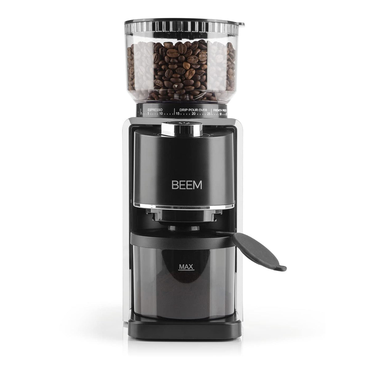 BEEM GRIND-PERFECT Molinillo de café eléctrico, 250 g, ajuste de grado de molienda de 35 niveles, mecanismo cónico, dosificación ajustable mediante rueda giratoria (2 – 12 tazas), molido directamente