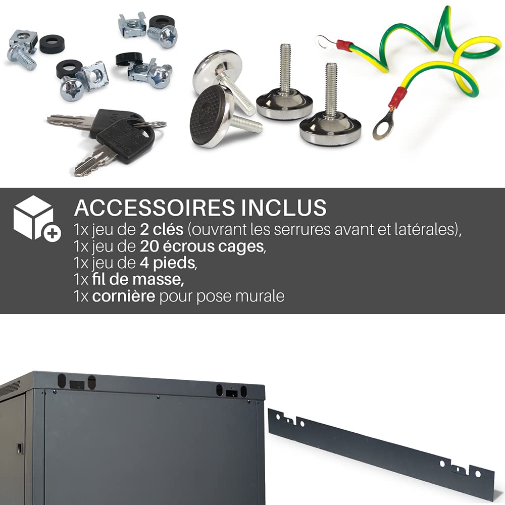 WAYTEX 37401 - Caja de Armario de Red de 19 Pulgadas, 6U – 600 x 450 x 368 mm – Montaje en Pared o Patas suministradas – Puerta de Cristal con Cerradura – Color Negro