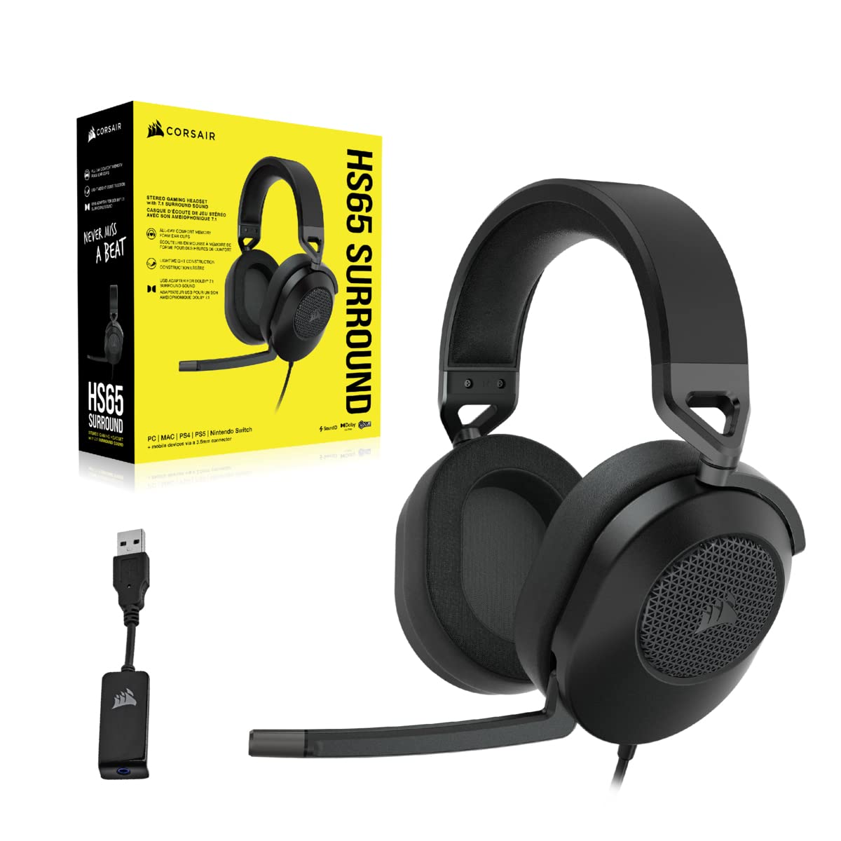 Corsair HS65 SURROUND Auriculares Multiplataforma con Cable para Juegos - Sonido envolvente Dolby 7.1 - SonarWorks SoundID -Compatible iCUE - PC, Mac, PS5, PS4, Xbox, Nintendo Switch, Móvil - Carbono