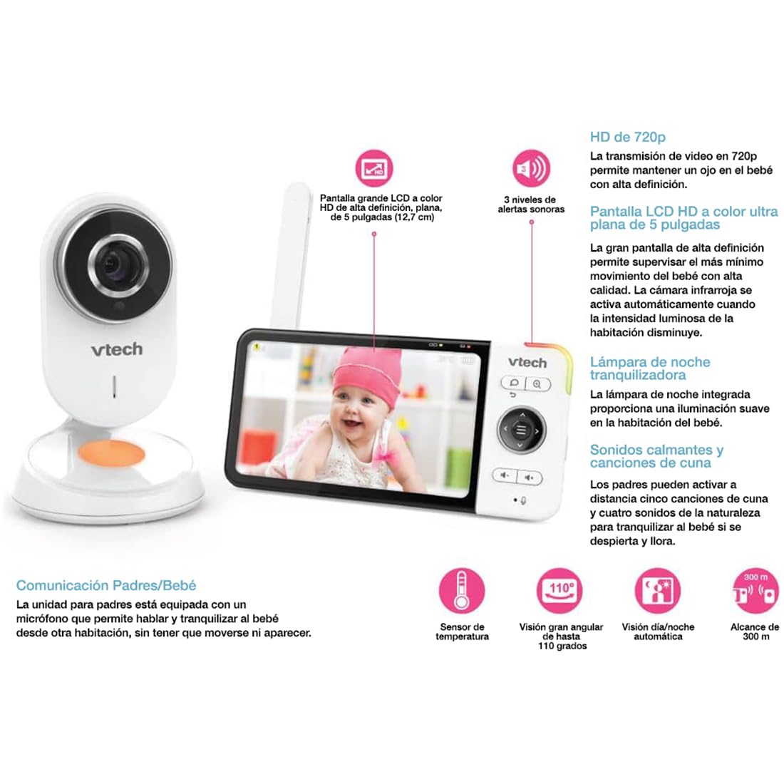 VTech - BM818 - Wide View HD Video Baby Monitor - 5 Inch Ultra Flat HD Display - Night Light and Lullabies 720p - Version ES White