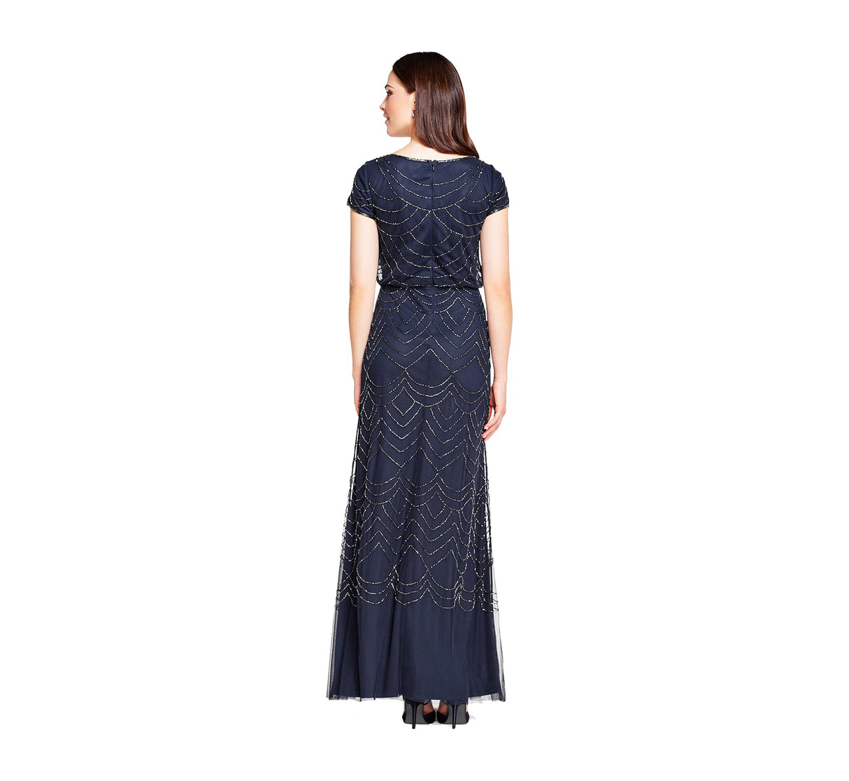 Adrianna Papell Short Sleeve Blouson Beaded Gown Vestido de Fiesta Formal, Azul (Navy Ac410), 44 para Mujer