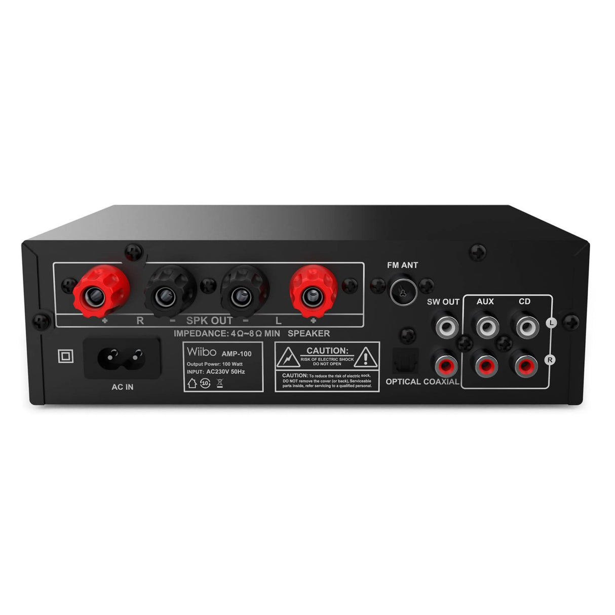 Wiibo AMP 100 - Amplificador HiFi - Conexión Bluetooth - Entrada USB - Respuesta Lineal - Potencia 50W + 50W - 2 Entradas de Micrófono - Pantalla LED - Mando a Distancia - Equipo de Sonido