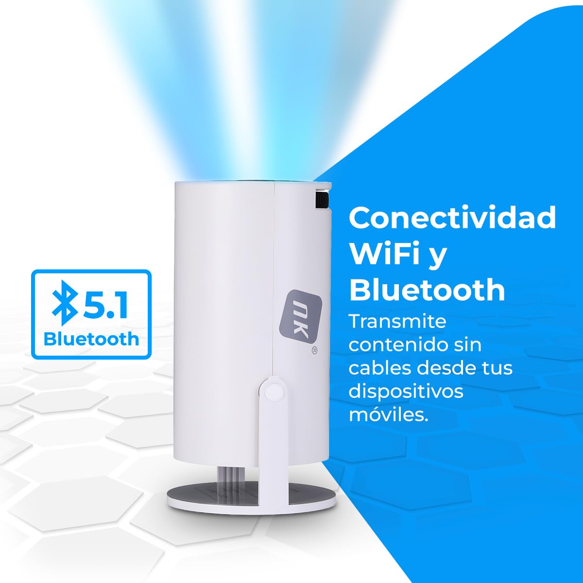 NK Mini Proyector Portátil - Resolución Full HD 1080P (Soporta 4K), Android, WiFi, Bluetooth, Mirror Link, Cristal 2.69" LCD, Altavoz Incorporado, HDMI y USB, Rotación 180°, (10'8 x 10'3 cm)