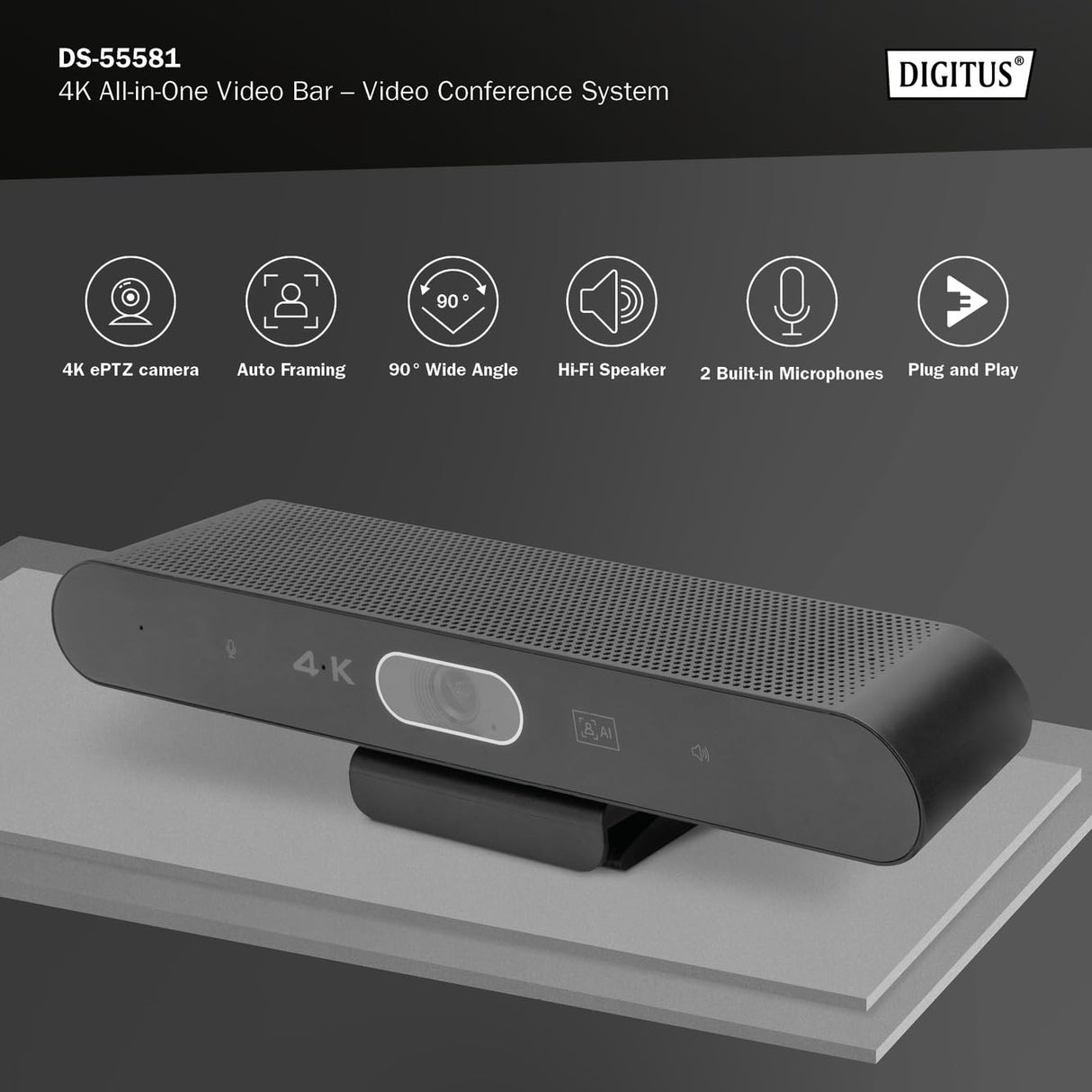 DIGITUS DS-55581 Video Bar Mini, Sistema de videoconferencia - Cámara Webcam 4K UHD 30 Hz ePTZ - 2 Micrófonos internos - Altavoz Interno 2 W - Autoenfoque y Zoom, Cancelación de Eco