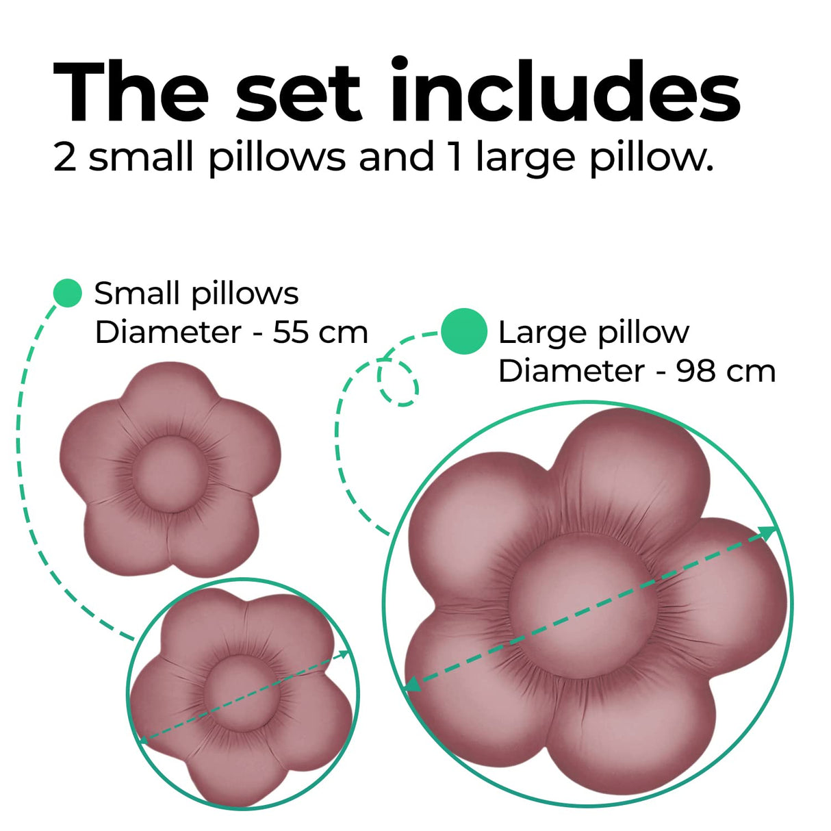 OLIFANT TOYS Juego de 3 Cojines de Suelo en Forma de Flor, Cojines, Asiento cómodos y afelpados, para el salón, decoración única, Almohadillas Suaves, Terciopelo, 2 x Ø 55 cm; 1 x Ø 98 cm, Rosa