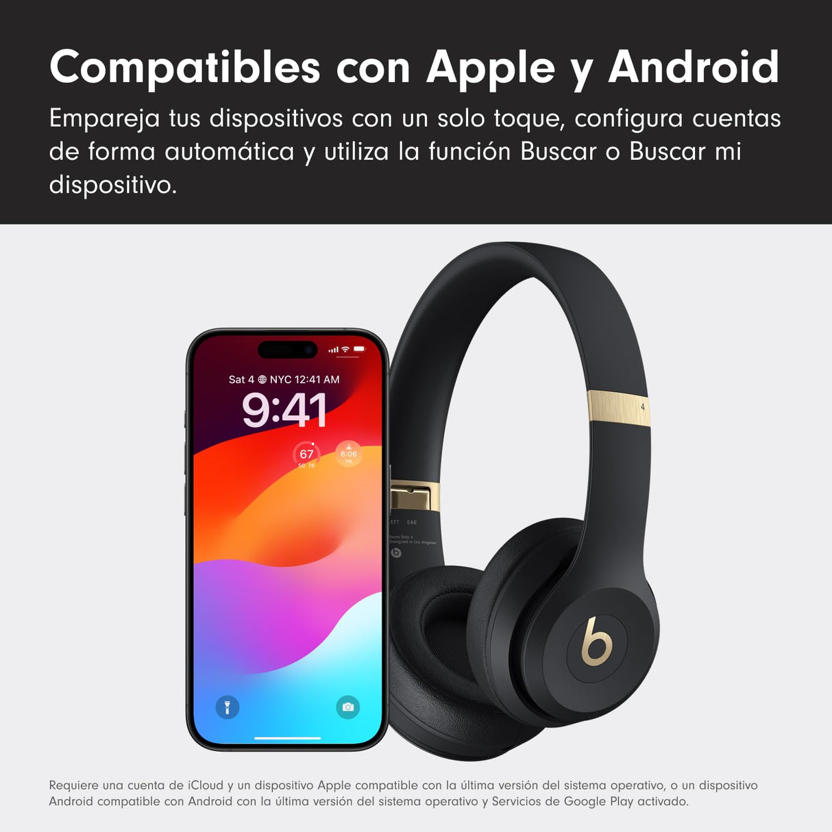 Beats Solo 4 - Auriculares Wireless Bluetooth on-Ear, compatibles con Apple y Android, con hasta 50 Horas de batería - Negro y Oro