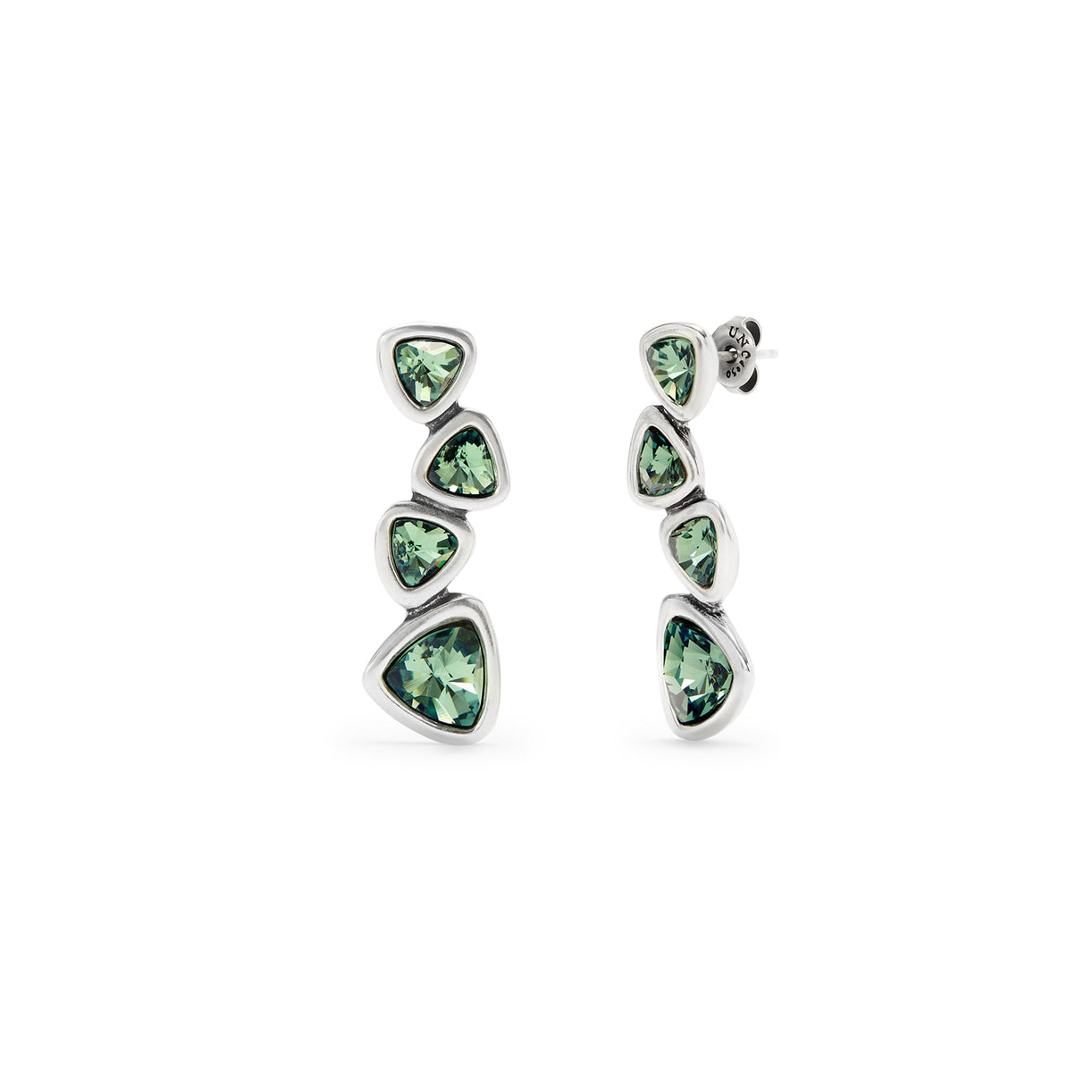 Uno de 50 | Pendientes Largos | con Cuatro Cristales de Color Verde | Bañado en Plata de Ley | Joya Artesanal | Hecho en España