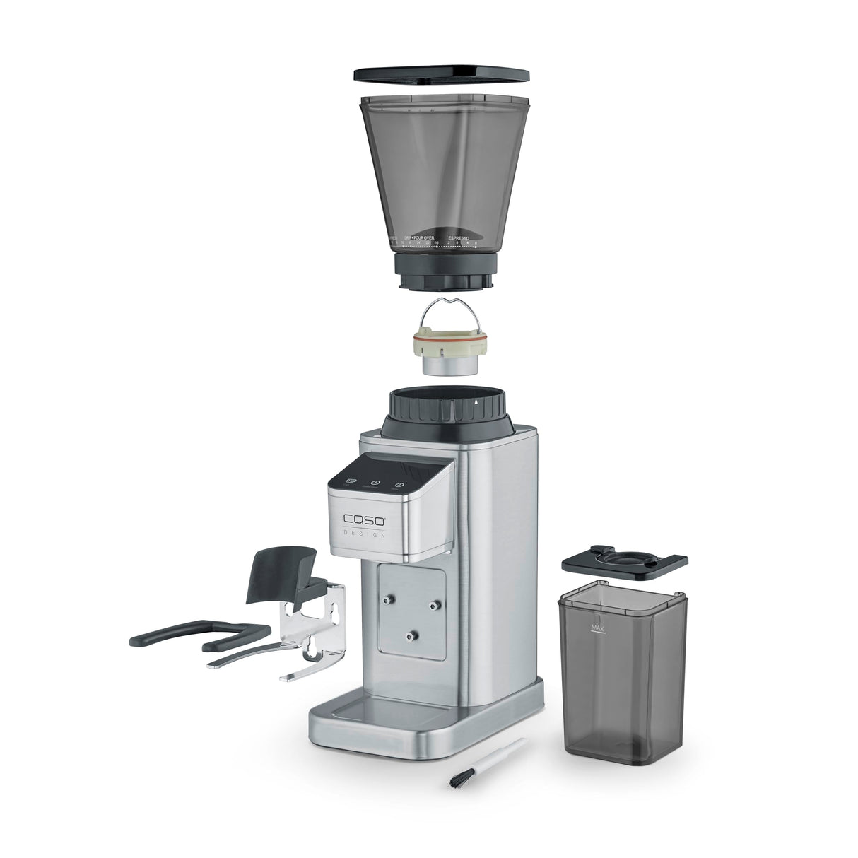 CASO BaristaChef Inox - Molinillo de café eléctrico con muelas cónicas, pantalla táctil, temporizador digital y sobresaliente, capacidad de 250g, 48 niveles de molienda precisos - acero inoxidable