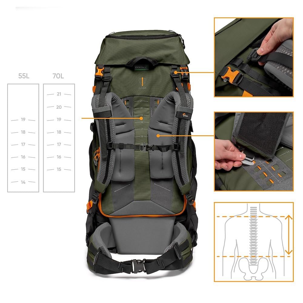 Lowepro PhotoSport PRO BP 70L AW IV - Mochila para cámaras réflex sin espejo, acceso delantero/trasero, compartimento extraíble para cámara, correas de accesorios, talla M/L, gris oscuro/verde