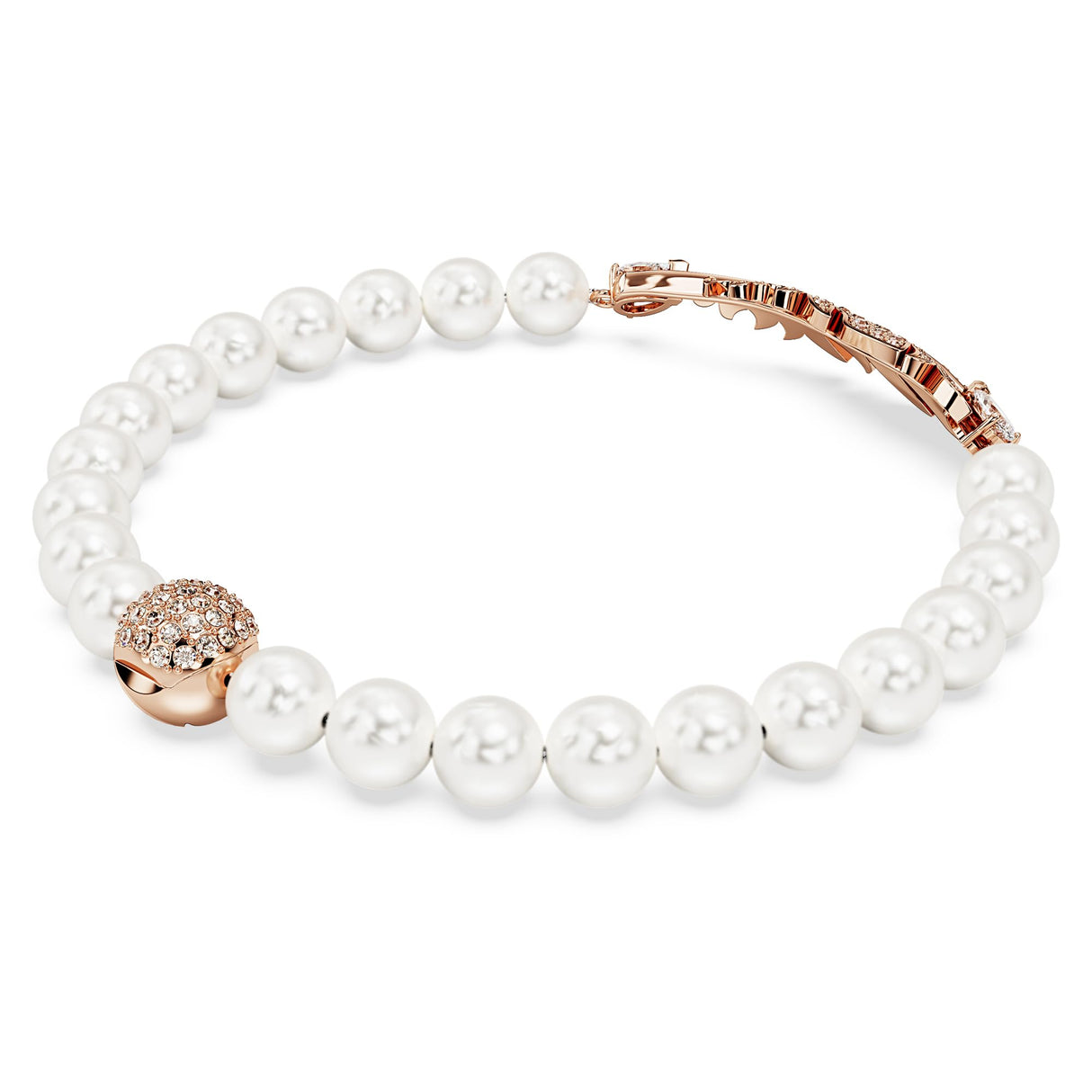 Swarovski Pulsera Nice, con Cadena de Swarovski Crystal Pearls, Motivo de Pluma en Pavé Rosa, Baño Tono Oro Rosa, S