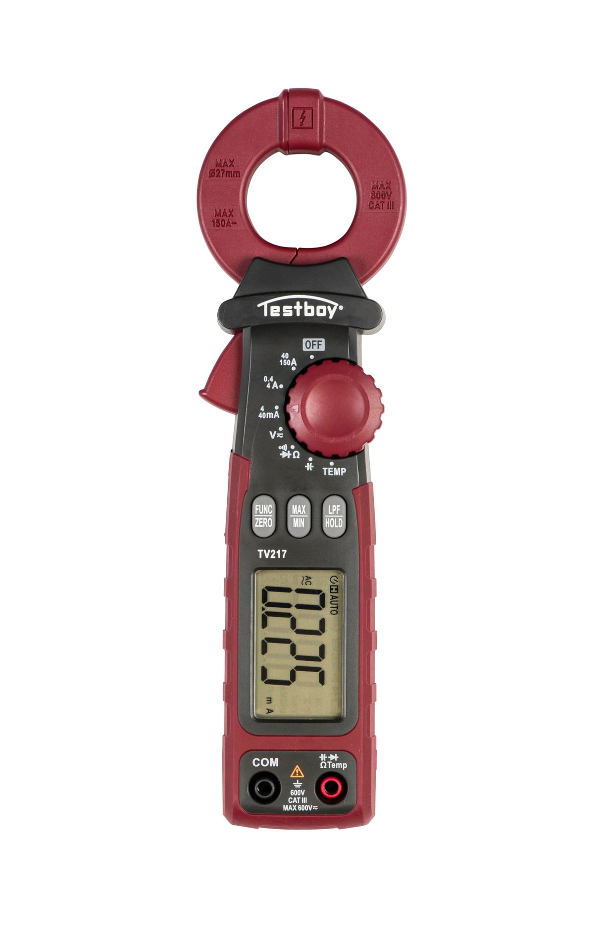 Testboy TV 217 pinza amperimétrica para la detección de fugas, CAT III 600 V (pantalla digital de fácil lectura, modo de filtro de paso bajo, verdadero valor eficaz, T-RMS, señal acústica), rojo/negro