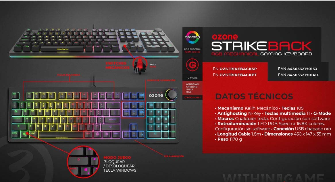 Ozone Gaming OZSTRIKEBACKSP Gear Strikeback, Teclado Mecánico, Switches Mecánicos Kailh Red, Iluminacion LED RGB Spectra, 18 Modos de Illuminación, Silencioso, Numérico, Layout Español, Negro