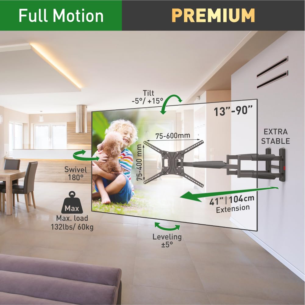 Barkan Soporte de Pared para TV de 104 cm de Largo, Brazo Doble de 13 a 90 Pulgadas, Giratorio/Movimiento Completo, Soporte para TV, soporta hasta 60 kg, Extra Estable, para LED OLED LCD, máx. VESA