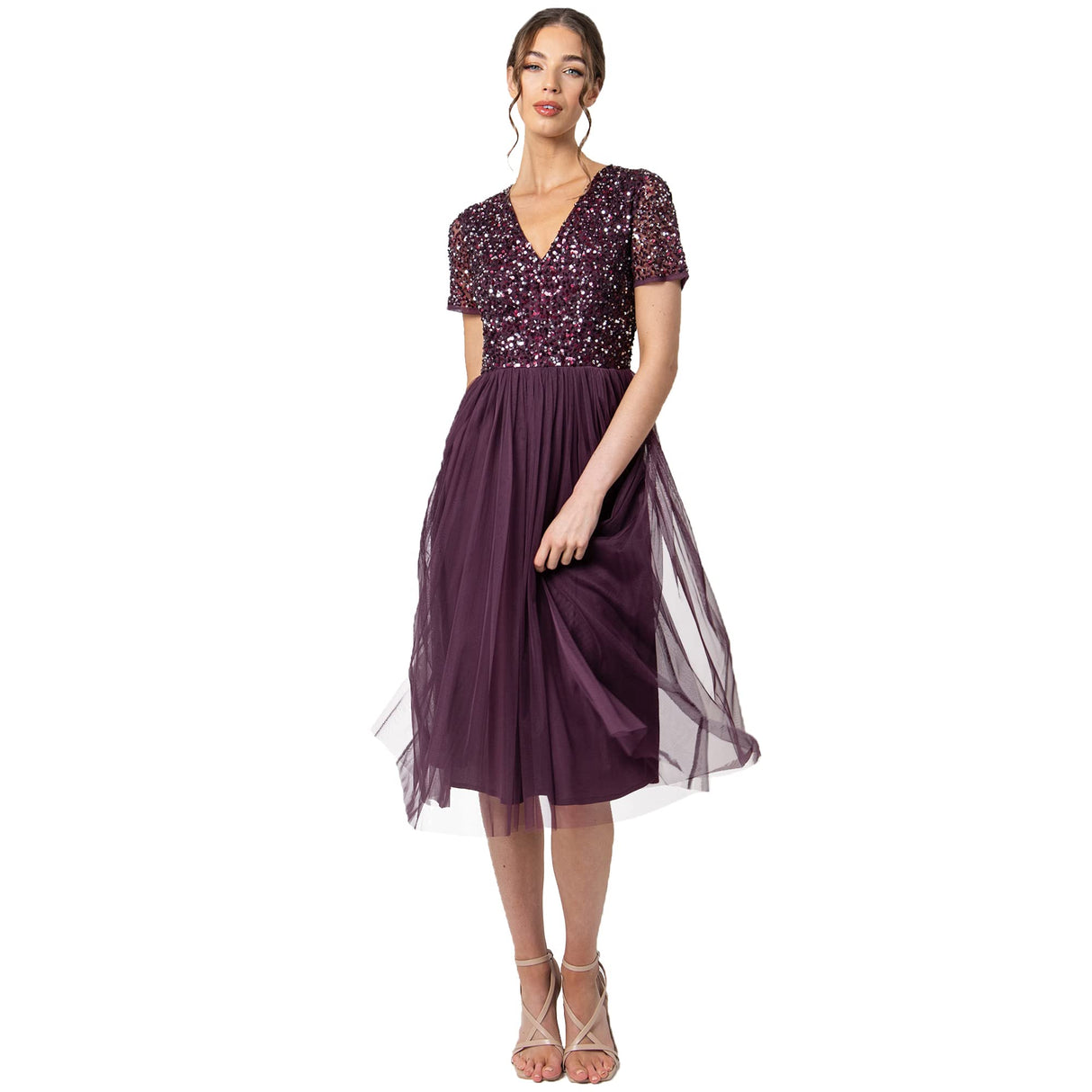 Maya Deluxe Vestido de Noche Midi Adornado para Mujer, Cuello En V con Manga Corta para Baile de Graduación Y Boda Dama de Honor, Frutas del Bosque, 48