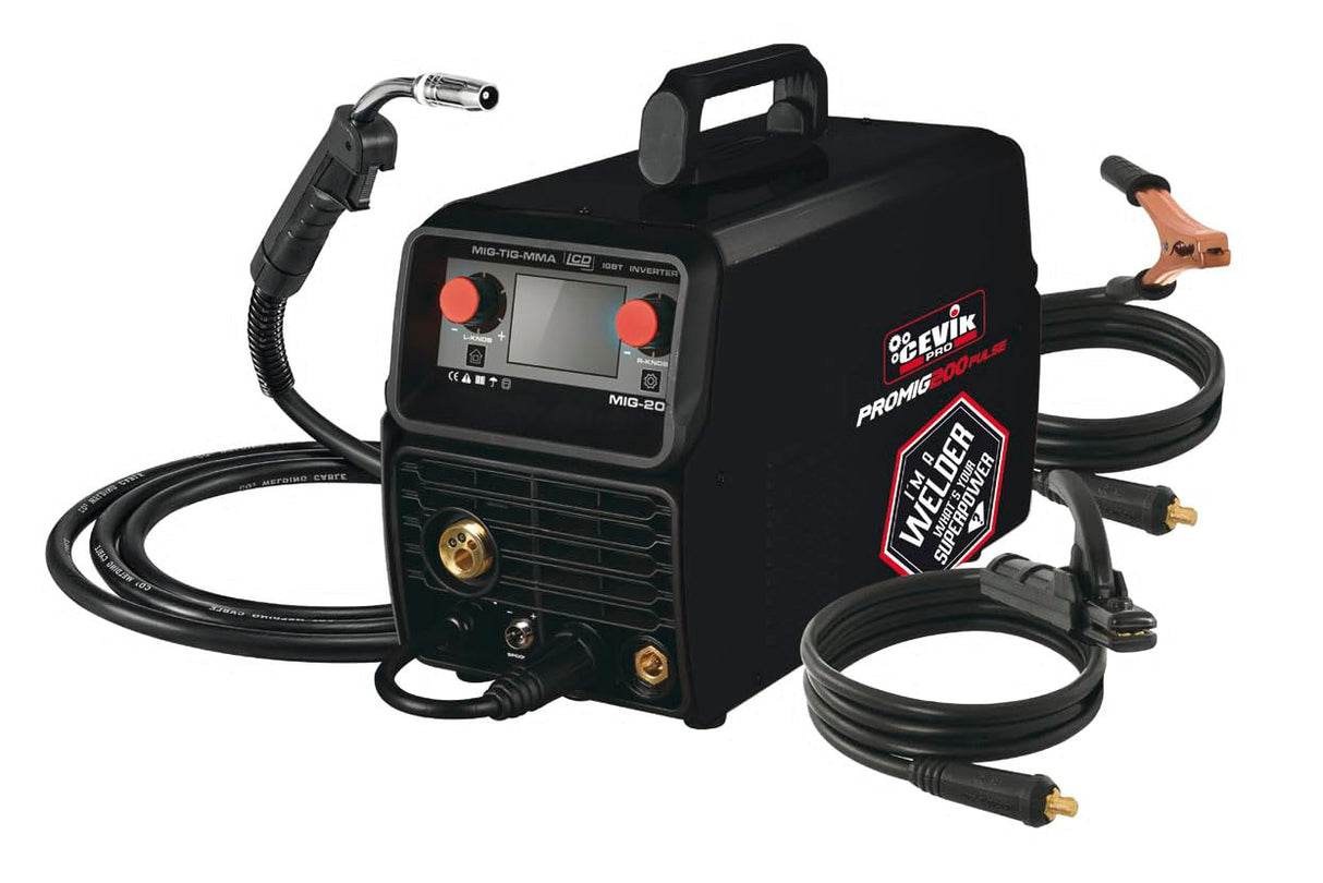 CEVIK PRO CE-PROMIG200P - Soldador Inverter FLUX/MIG/TIG/MMA - 200A 60% - 230V - Hilo 1mm - Electrodos hasta 4mm - LCD - Incluye Antorcha MIG AX15, pinza masa 35-50, portaelectrodo 35-50, 2 sirgas
