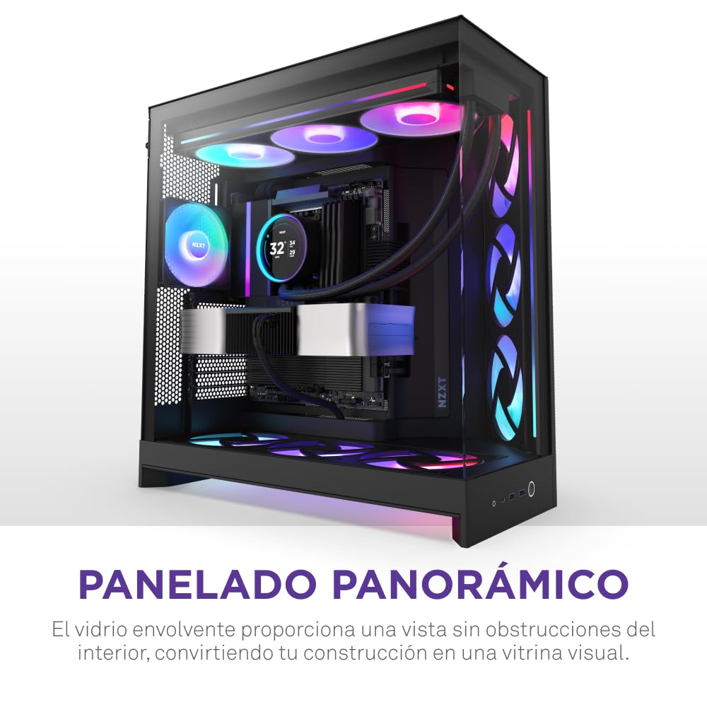 NZXT H9 Flow RGB (2025) – Caja de PC ATX de Torre Media de Gran Flujo de Aire de Doble Cámara – Incluye 1 x Unidad de Ventilador RGB de 420mm y 1 x Ventilador de 120mm – Negro