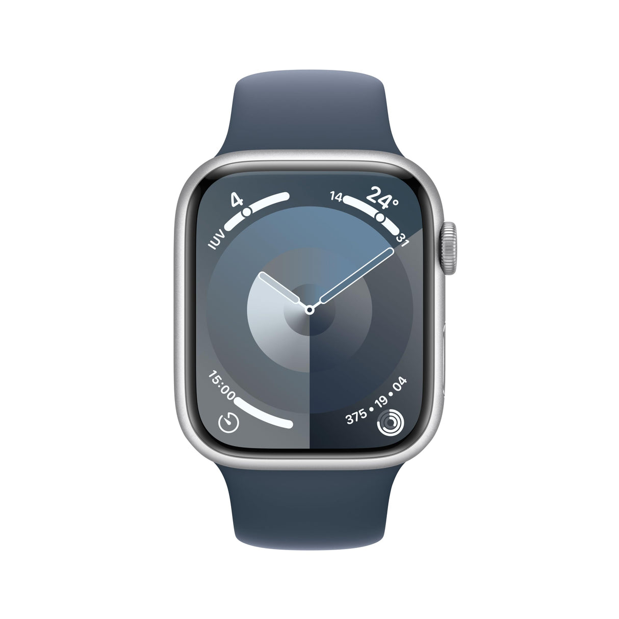 Apple Watch Series 9 [GPS + Cellular] Smartwatch con Caja de Aluminio en Plata de 45 mm y Correa Deportiva Azul tempestad - Talla S/M. Monitor de entreno, App Oxígeno en Sangre, Resistencia al Agua