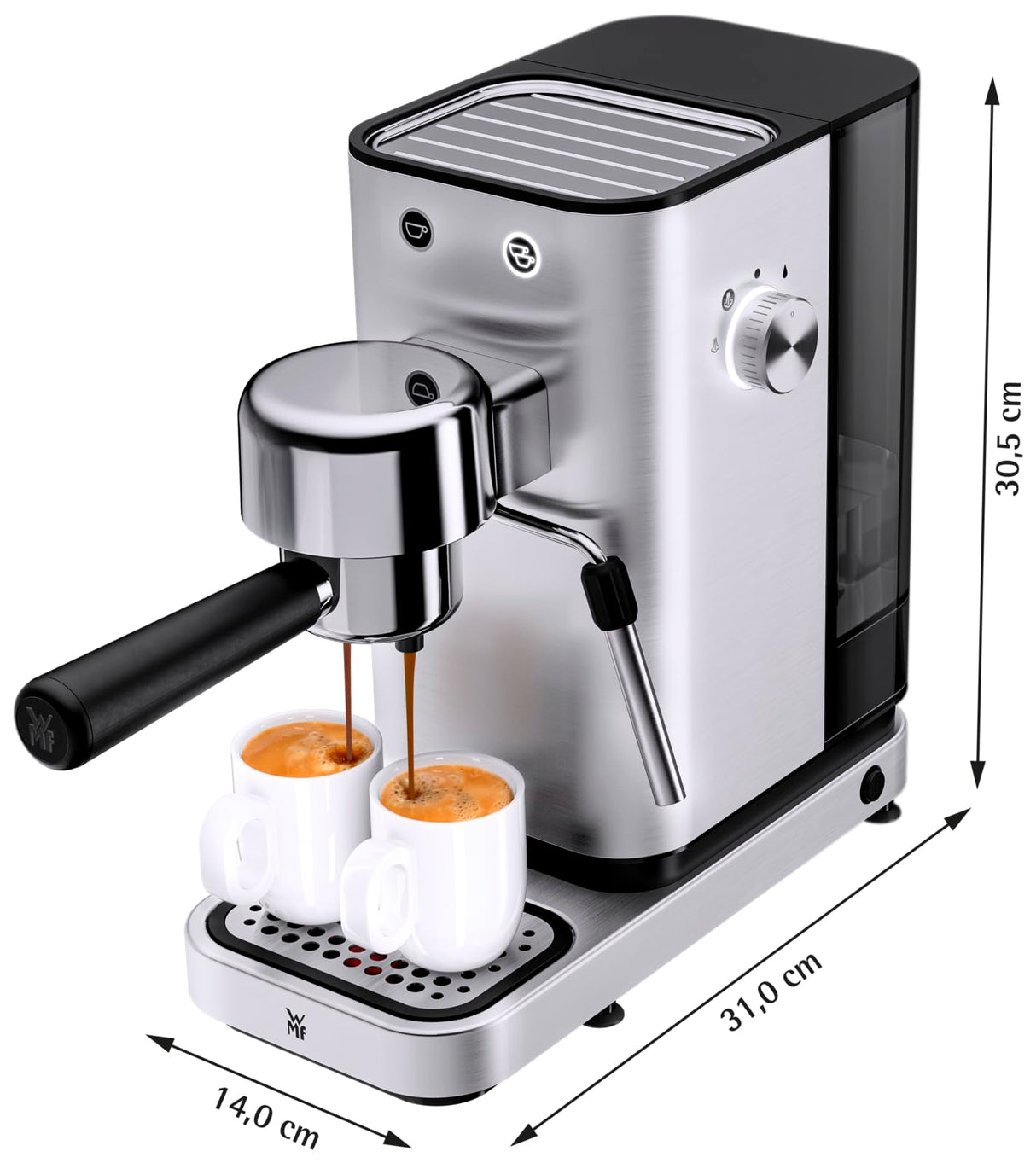 WMF Lono - Cafetera expreso con 2 portafiltros, 1350 W, para 1-2 tazas de espresso, 15 bares, reposavasos, espumador de leche, cuchara prensadora de café, acero inoxidable mate
