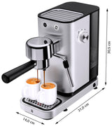 WMF Lono - Cafetera expreso con 2 portafiltros, 1350 W, para 1-2 tazas de espresso, 15 bares, reposavasos, espumador de leche, cuchara prensadora de café, acero inoxidable mate