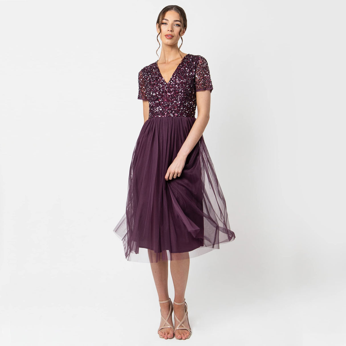 Maya Deluxe Vestido de Noche Midi Adornado para Mujer, Cuello En V con Manga Corta para Baile de Graduación Y Boda Dama de Honor, Frutas del Bosque, 48