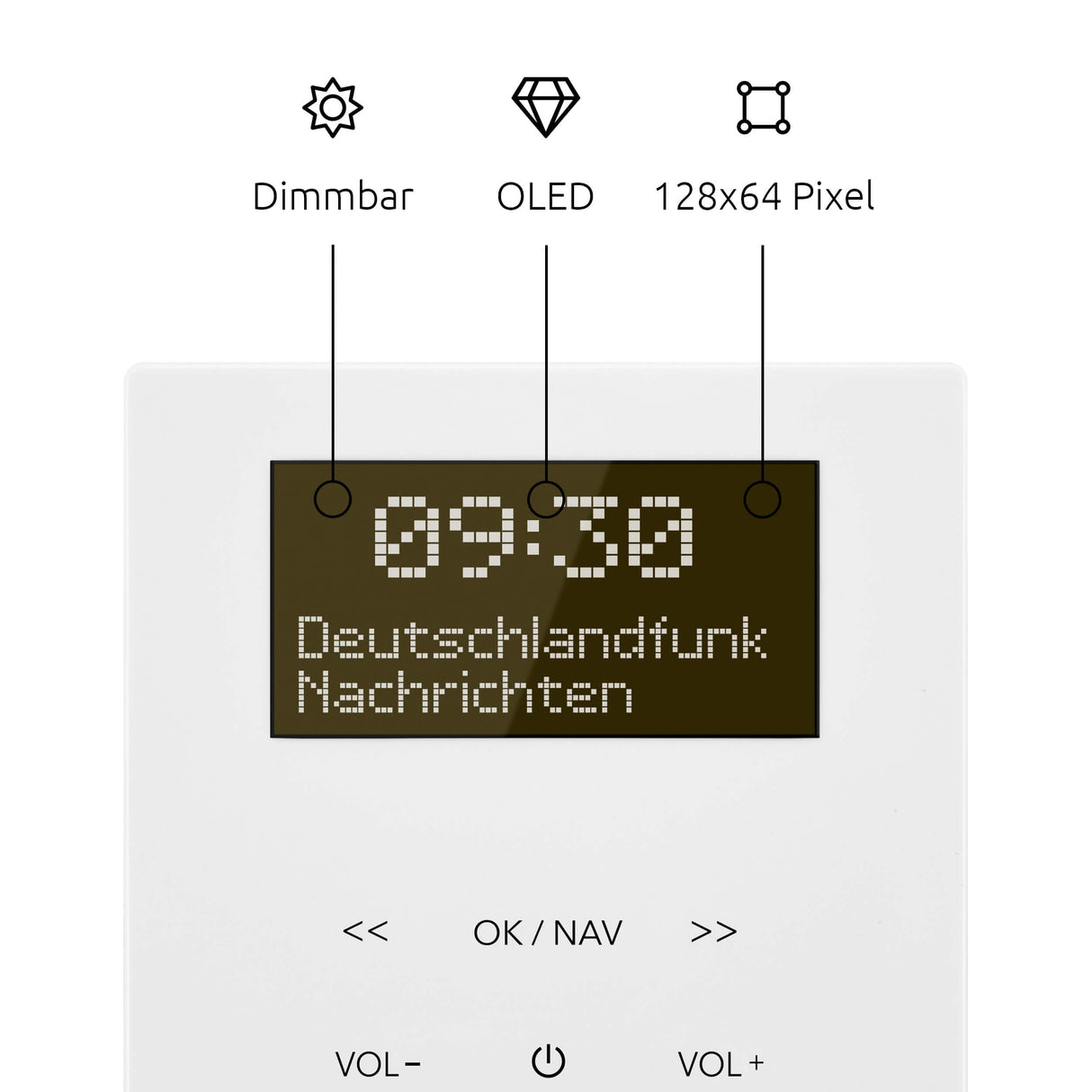 TechniSat DIGITRADIO UP 55 – Radio Dab+ empotrable (Dab, FM, Bluetooth, Pantalla OLED Regulable, Alarma, Temporizador, 2W, Made in Germany) Cubierta Frontal RAL 9016, Blanco