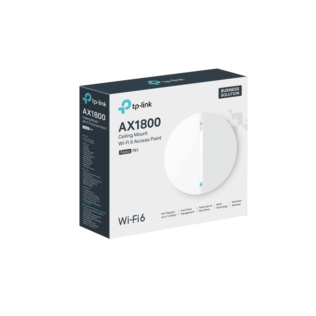 TP-Link Festa F61 Punto de Acceso WiFi 6 Dual-Banda AX1800, Montaje en Techo, 1× Puerto PoE Gigabit, Gestión centralizada en la Nube Gratuita, Configuración y Uso fáciles, sin Necesidad de IT