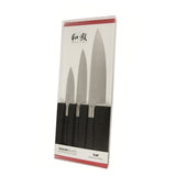 KAI Wasabi Black Juego de cuchillos 3 piezas - Cuchillo multiusos de 10 cm, Cuchillo multiusos de 15 cm, Cuchillo de chef de 20 cm - Acero inoxidable 6A/1K6 pulido 58 HRC Mango de polipropileno negro