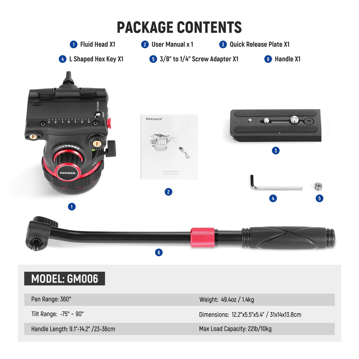 NEEWER Cabezal Fluido para Trípode de Video Resistente con Amortiguación, Placa de Liberación Rápida, Compatible con dji RS Gimbals, Mango Ajustable, Base de ⌀75mm, Carga Máxima 10kg, GM006