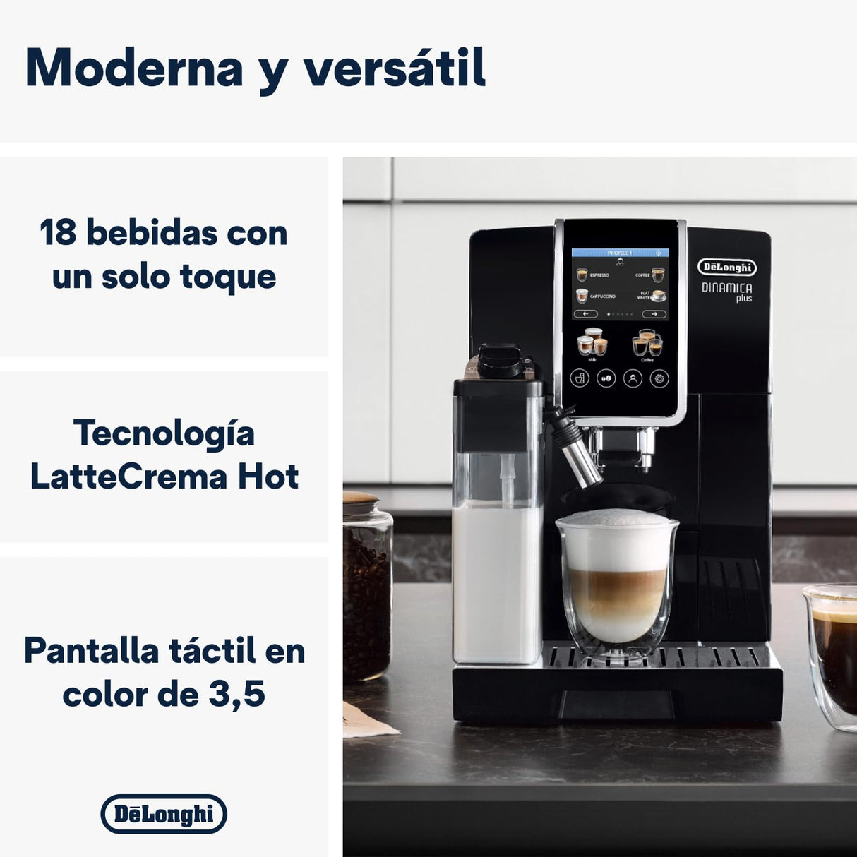De'Longhi Dinamica Plus ECAM382.70.B, Máquina Automática de Café en Grano, Máquina Cappuccino con LatteCrema Hot, Cafetera Espresso, Taza con 18 Recetas, Pantalla TFT 3,5'', 1450W, Negro
