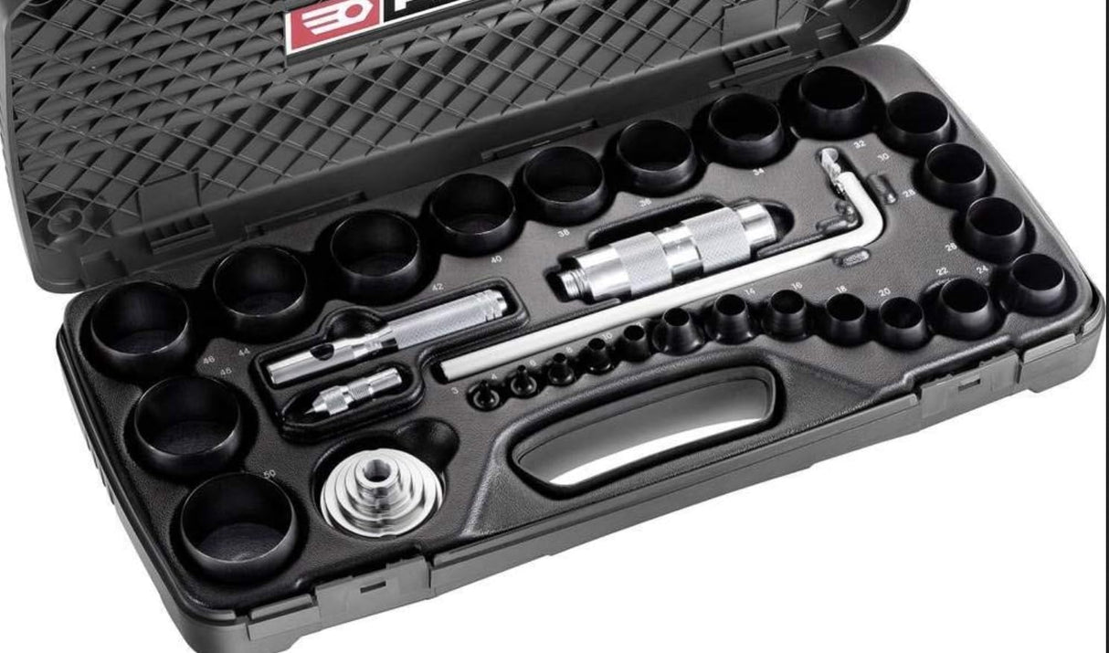 FACOM Juego de troqueladoras para juntas de 26 piezas, Fabricación de juntas circulares, composición para cortar juntas de hasta 50 mm, troqueladora y brújula, varias dimensiones, 245.J2A