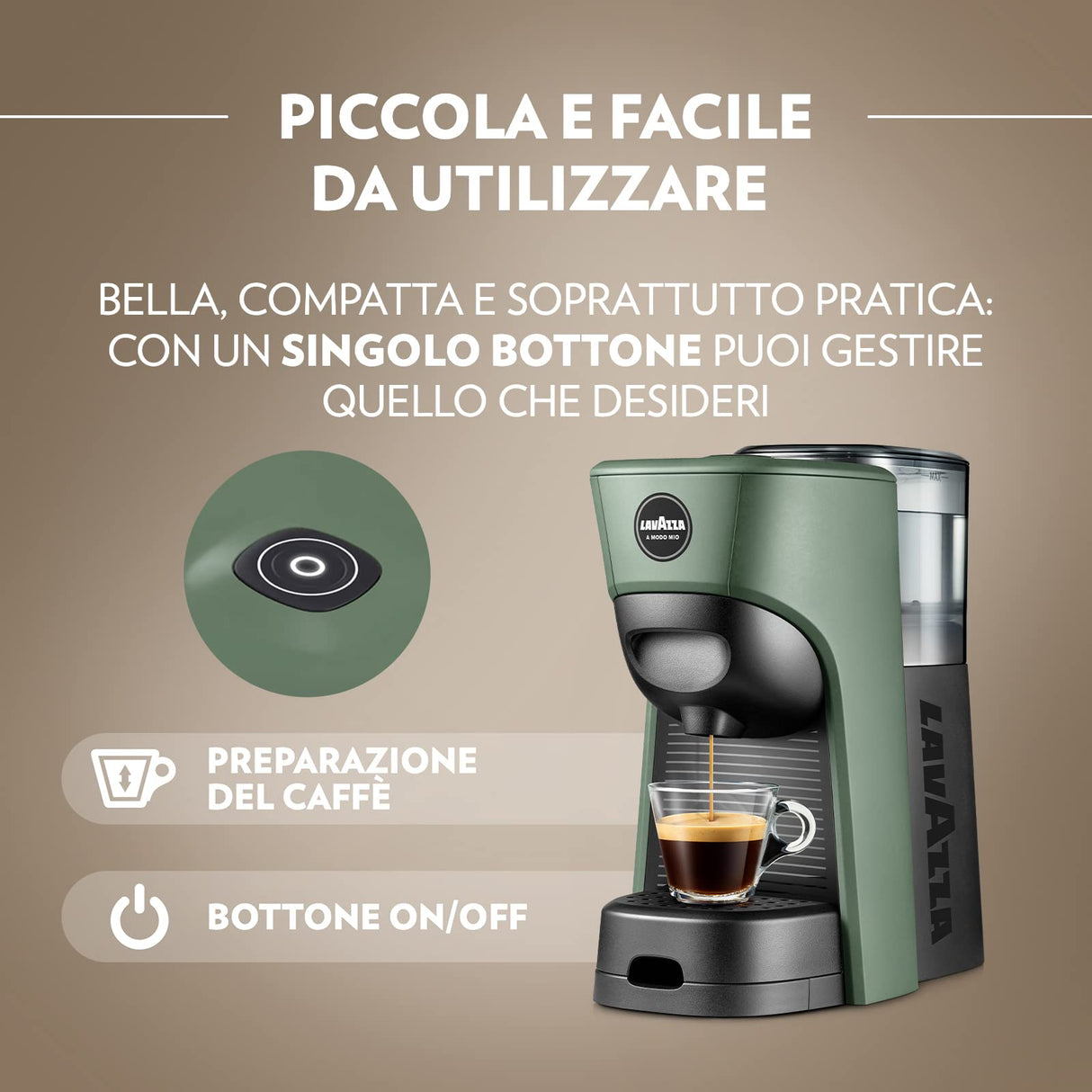 Lavazza, A Modo Mio - Máquina de café Tiny Eco verde con 64 cápsulas ¡Tierra! Surtidas, cafetera expreso de plástico reciclado, 1450 W, 220-240 V, 50/60 Hz, 0,6 litros