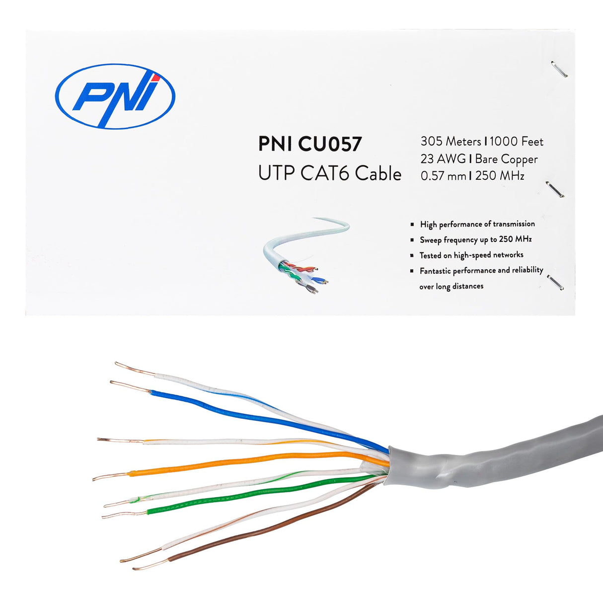 PNI Cable UTP CAT6 CU057 de cobre 0,57mm de 4 pares para internet y sistemas de vigilancia, rollo 305m