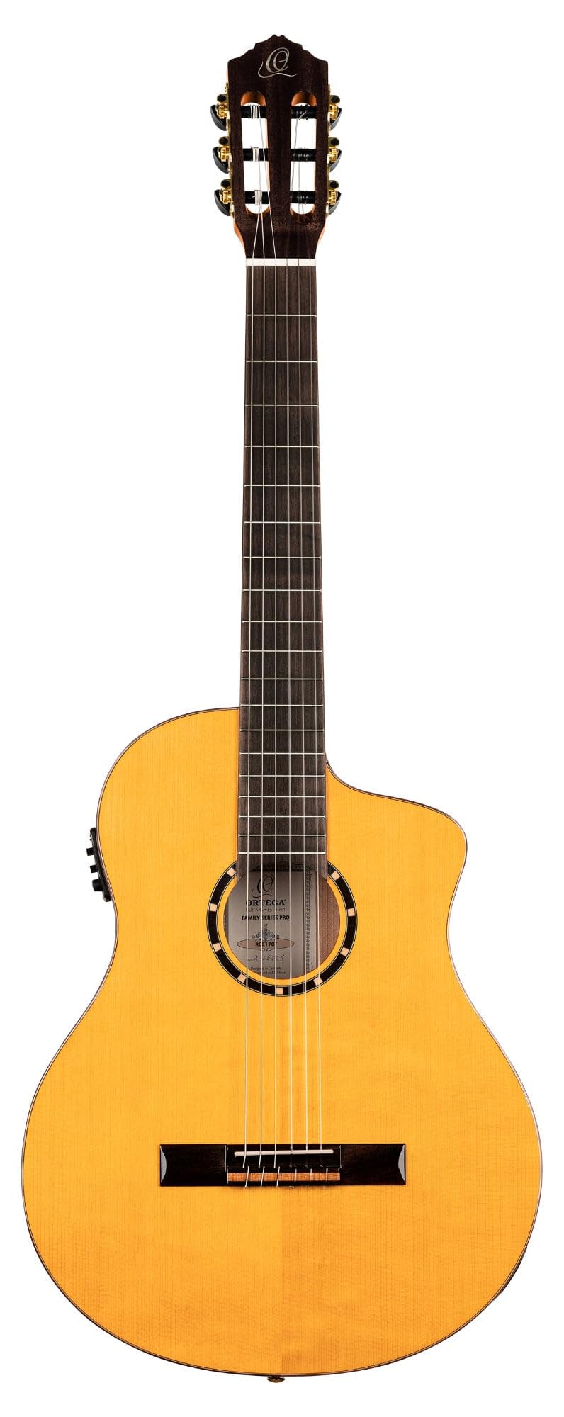 Ortega Guitars Family Series Pro - Guitarra de concierto Flamenco 4/4, electroacústica, pícea y ciprés con acabado brillante, color amarillo, incluye funda (RCE170F)