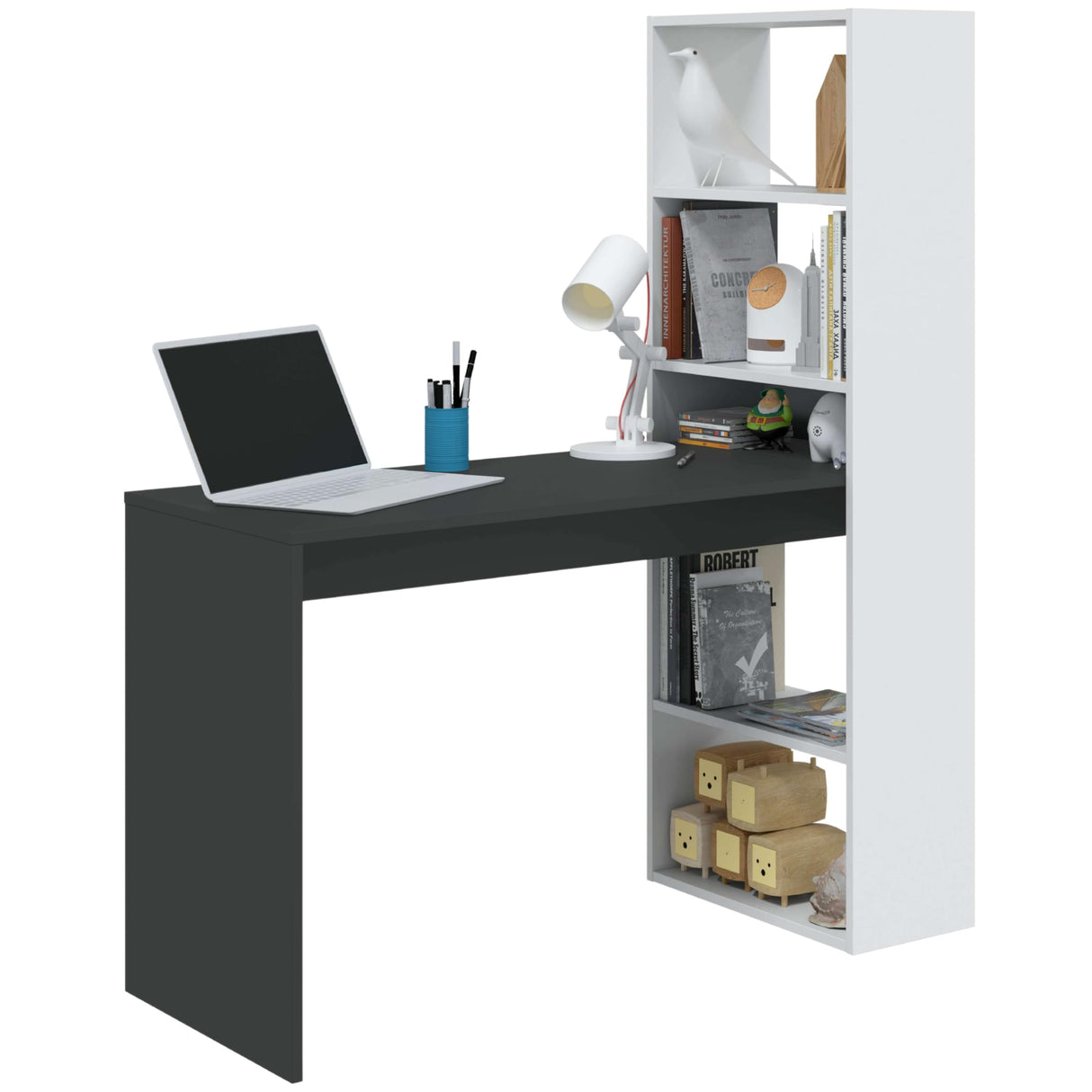 Habitdesign, Escritorio con Estanteria Reversible, Blanco Artik y Gris Antracita, Modelo Duplo, Medidas: 120 cm (Ancho) x 53 cm (Fondo) x 144 cm (Alto)