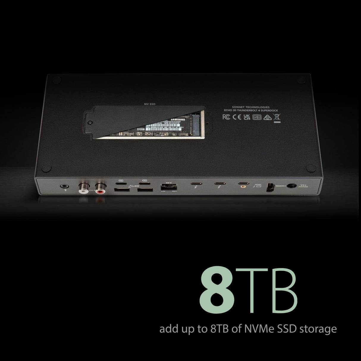 Sonnet Echo 20 Thunderbolt 4 SuperDock – Estación de Acoplamiento con 3 Thunderbolt 4, HDMI 2.1, 8 USB 10Gbps, Ethernet 2.5Gb, SSD NVMe, SD UHS-II, Carga 100W – Compatible con Mac, PC, iPad