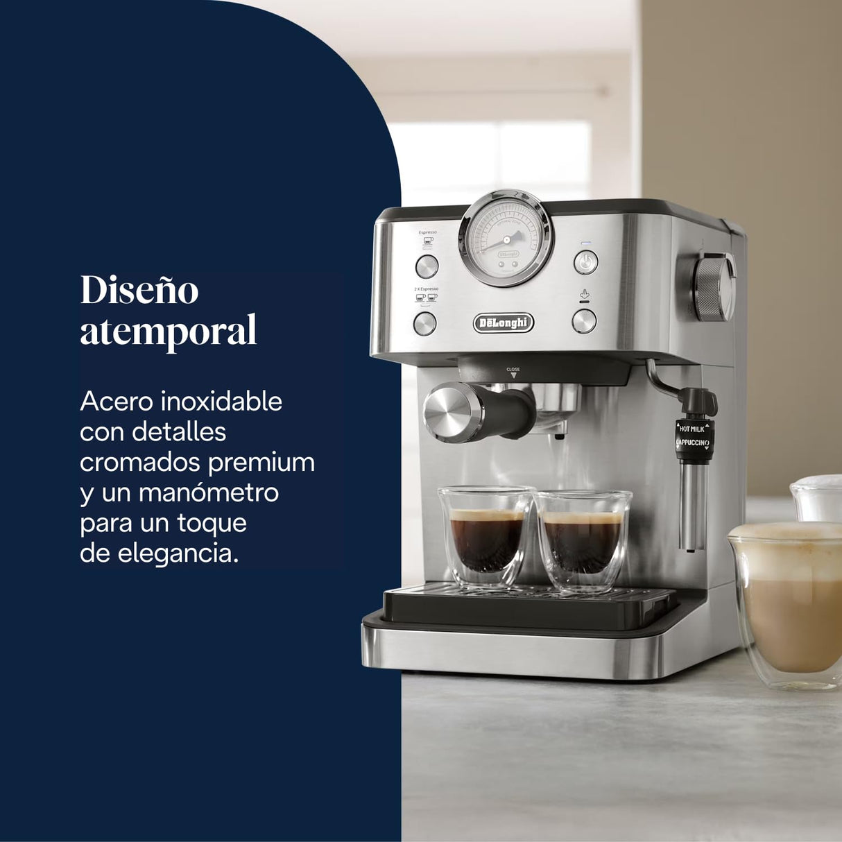 De'Longhi Classic EM450.M, Máquina Café Manual con Varilla Vapor, Máquina Espresso con Bomba Barista, Boquilla para Capuchino, Filtro Doble Pared, 15bar, Taza Hasta 13cm, Acero Inoxidable/Metal